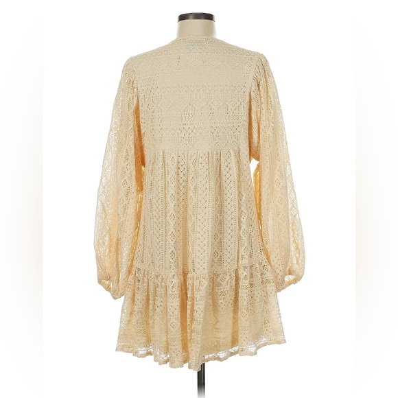 Vici Ebba Ivory Crochet Lace Drop Waist Balloon Sleeve Babydoll Mini Dress - Picture 3 of 4